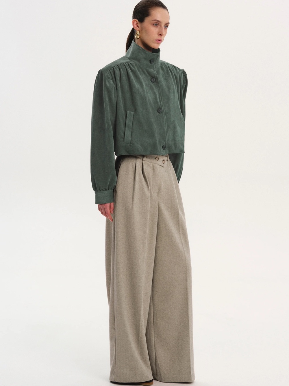 Source Unknown LALISA RUCHED SUEDE BOMBER, KHAKI